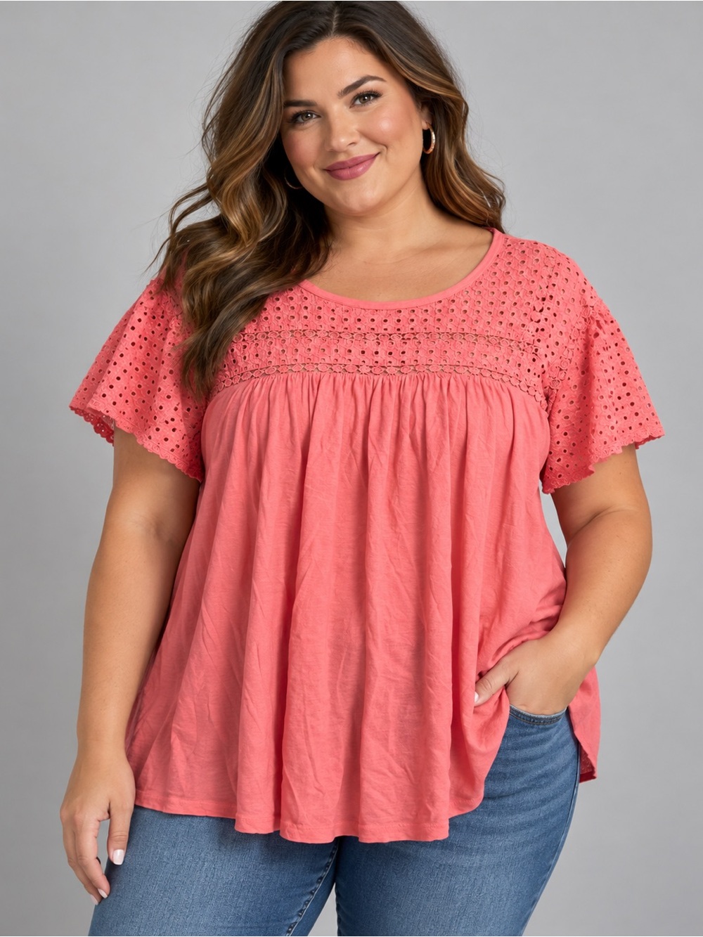 Lane Bryant Coral Eyelet Flutter Sleeve Blouse - Picture 2 of 3